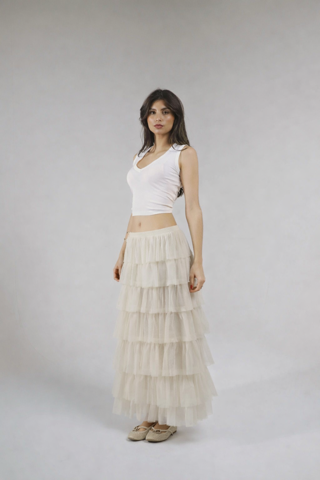 Jupe longue en dentelle florale et tulle