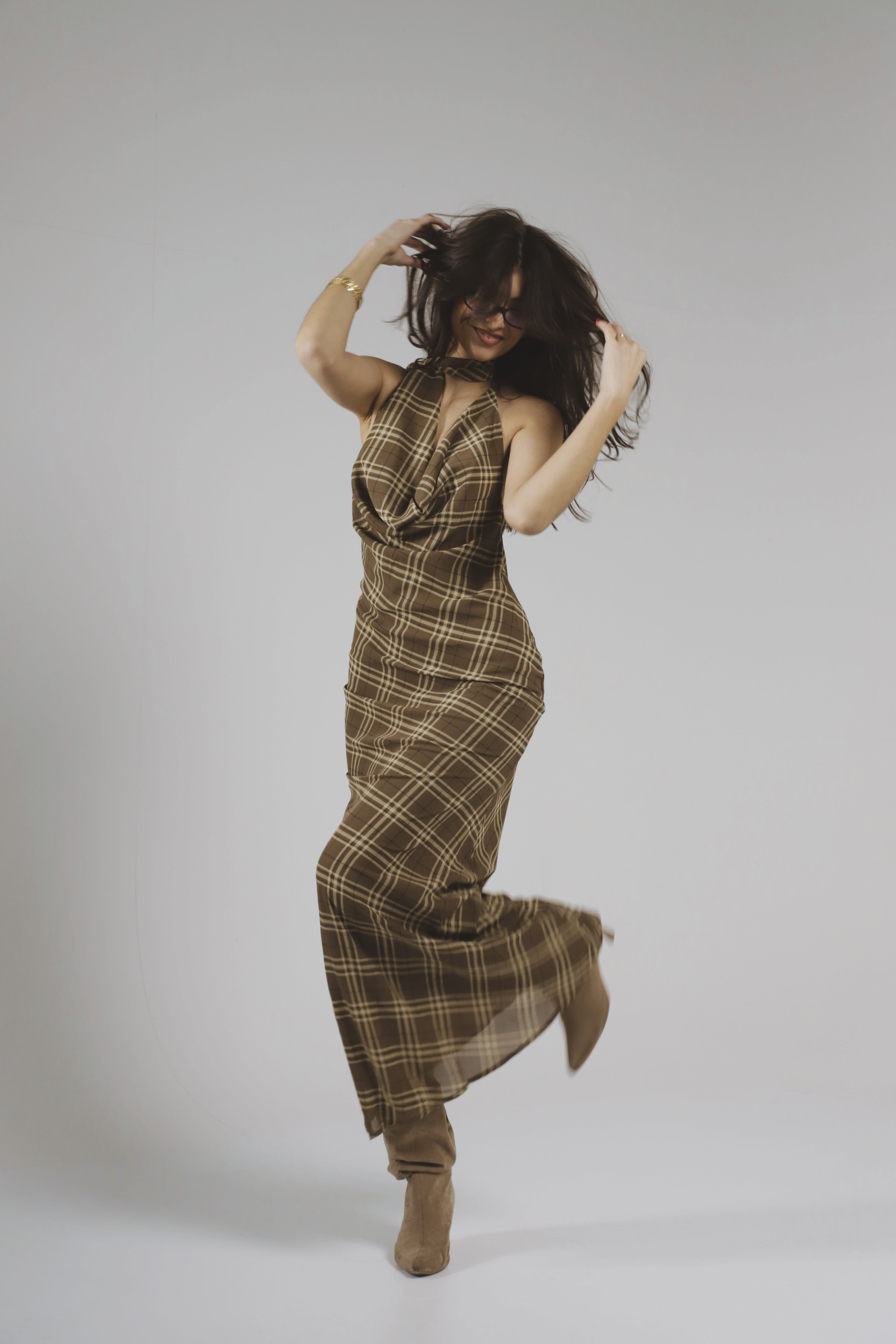 Robe Maxi à Dos Nu en Tartan