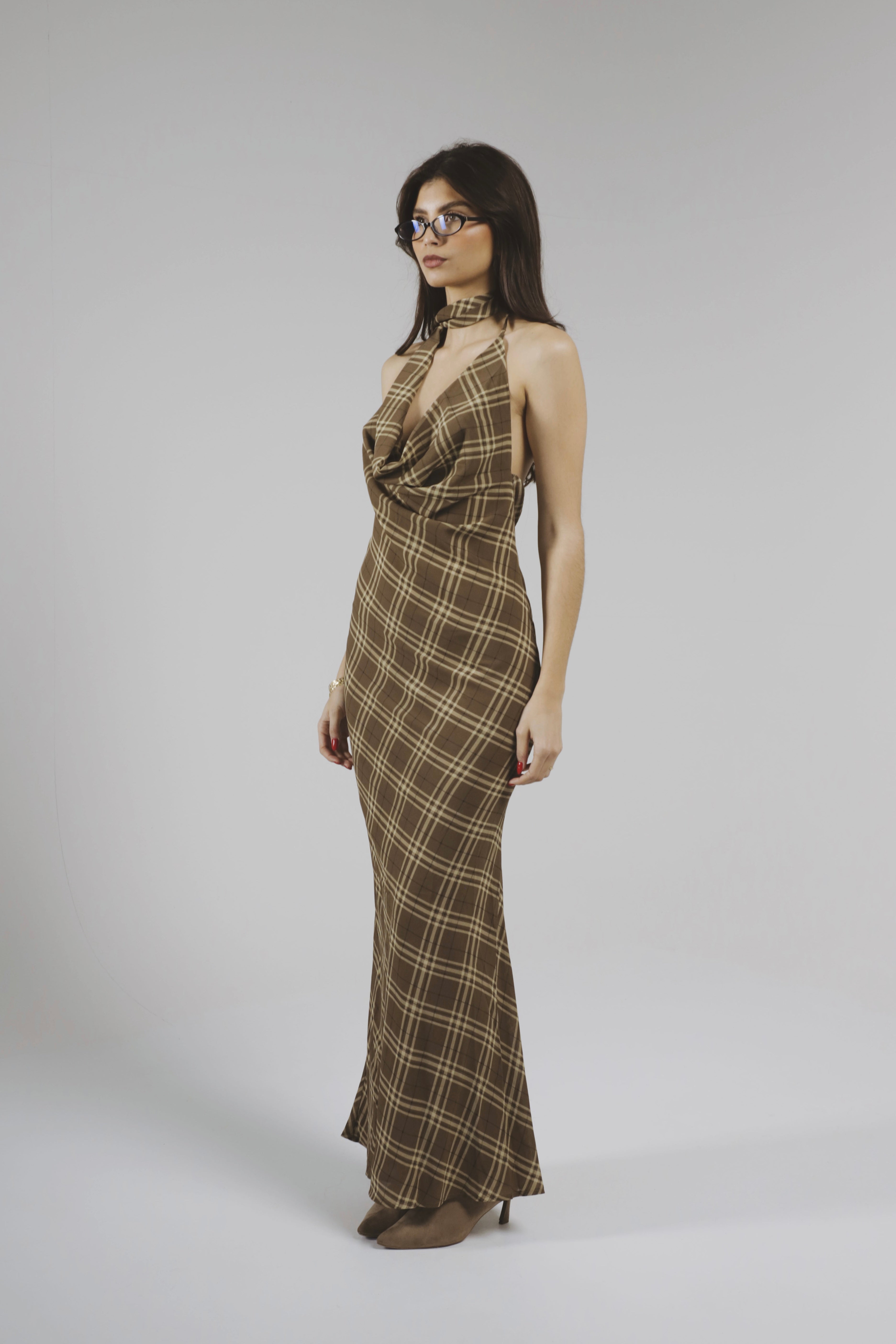 Robe Maxi à Dos Nu en Tartan
